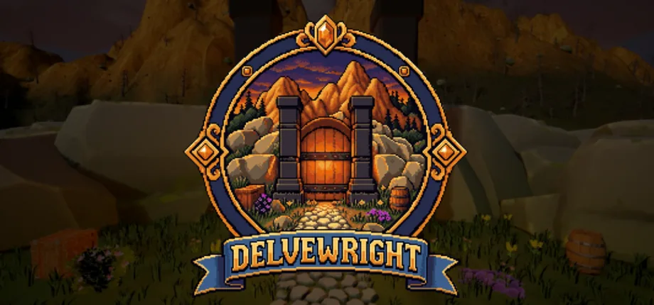DelveWright key art: the mine gate at dusk, behind the DelveWright crest and banner