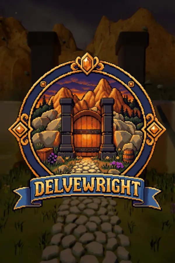 DelveWright box art: the crest and banner over the mine gate at dusk