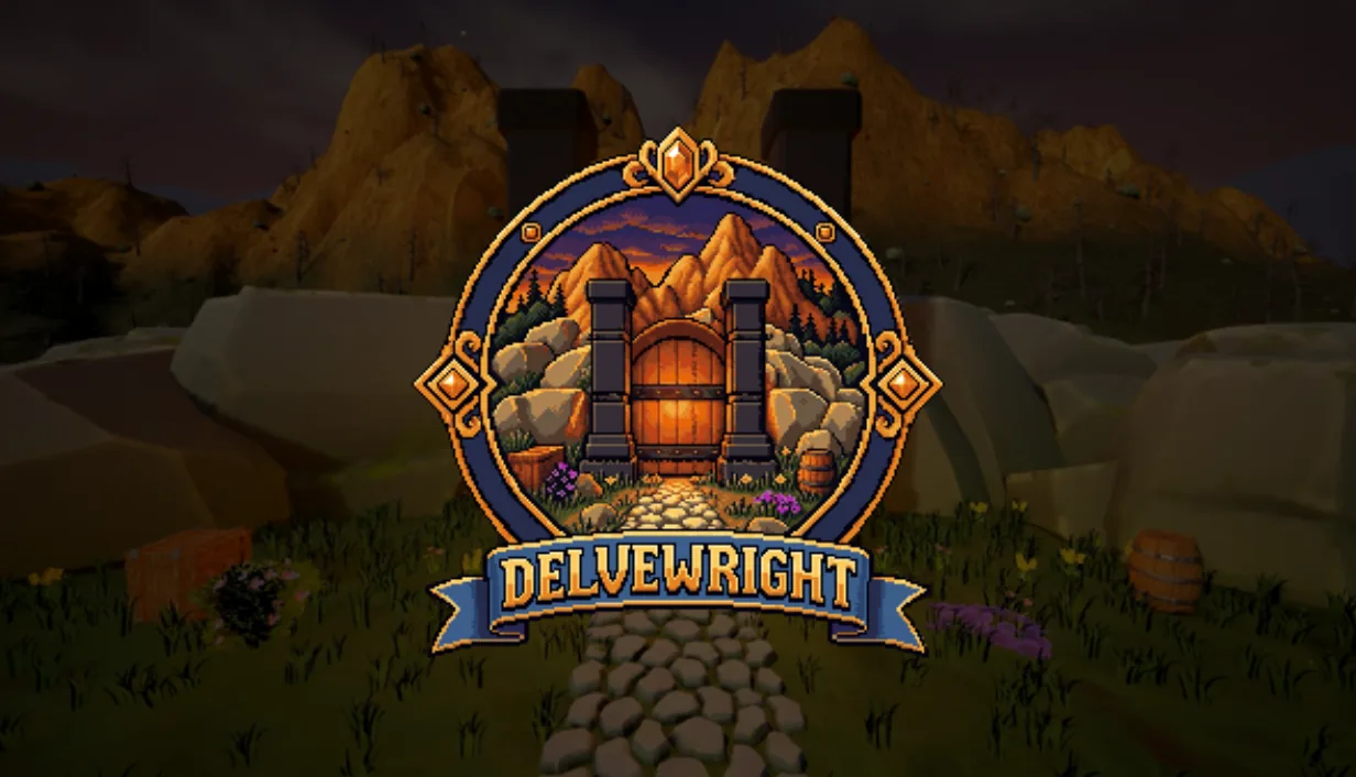 DelveWright key art: the mine gate at dusk, behind the DelveWright crest and banner