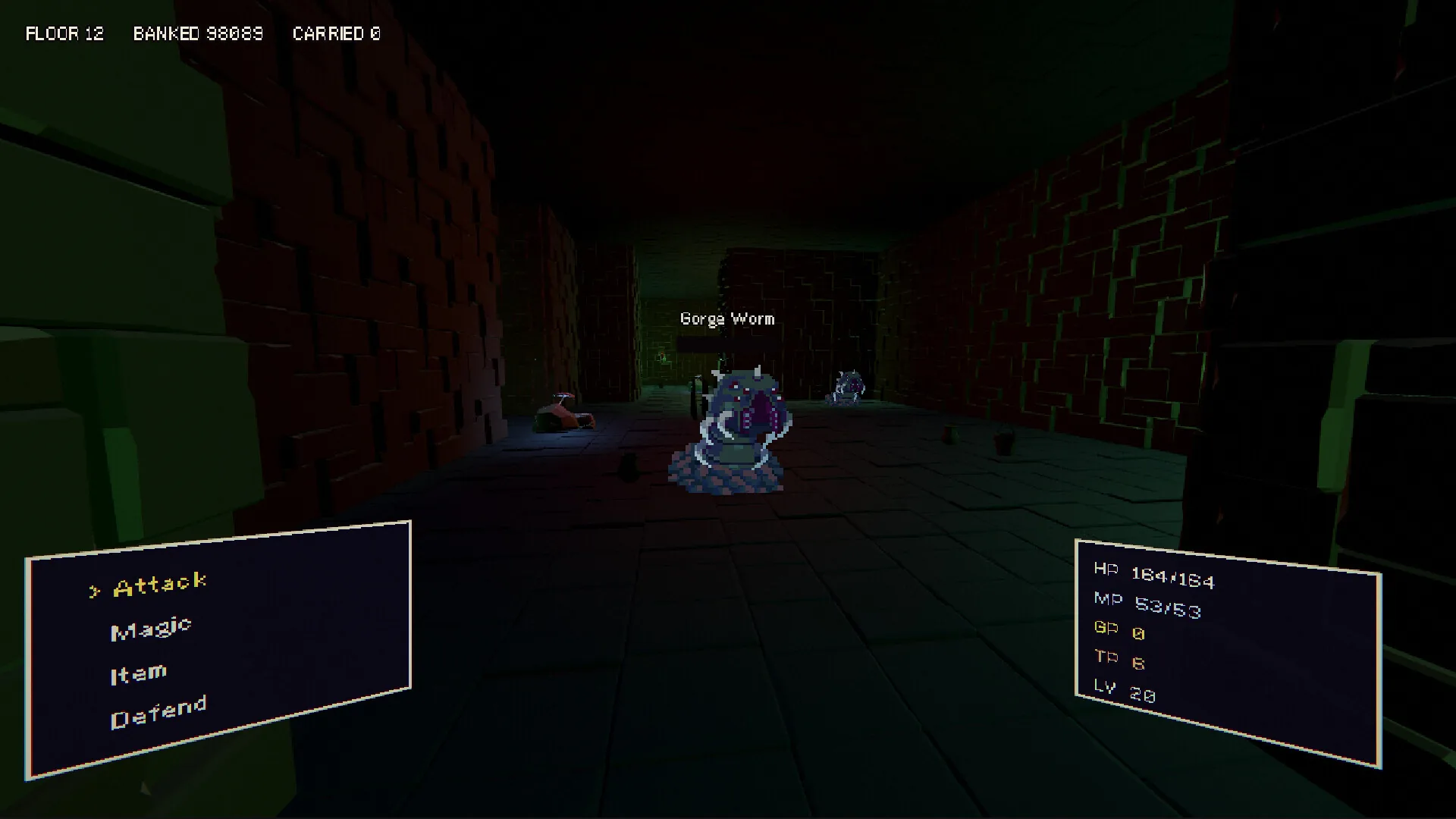 DelveWright gameplay: the battle menu snapped open on a Gorge Worm in a torchlit brick corridor, Attack, Magic, Item and Defend listed on the left, HP, MP and level on the right