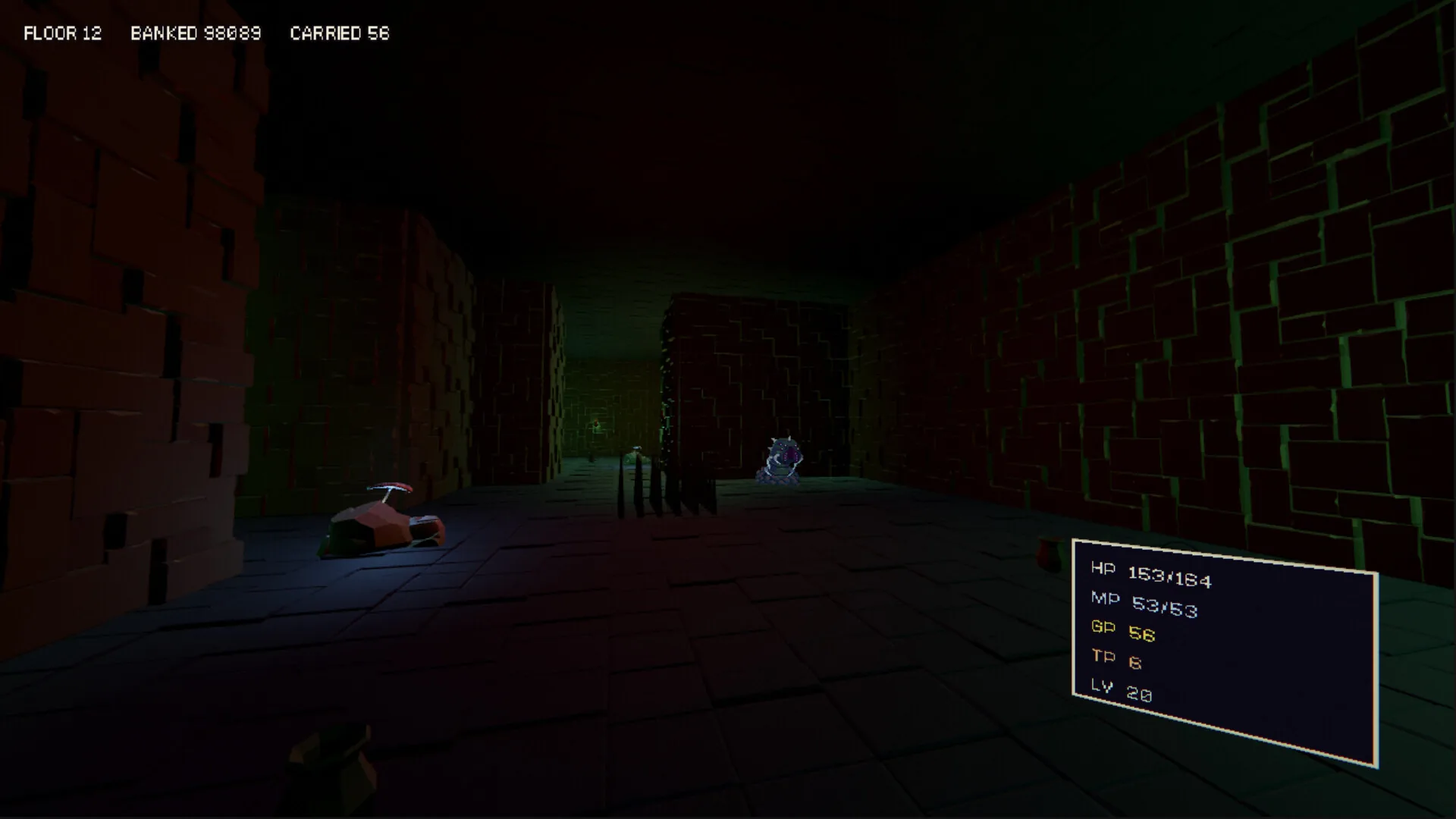 DelveWright gameplay: exploring a dark corridor of The Below in first person on floor twelve, a creature waiting ahead, banked and carried gold tracked across the top of the screen