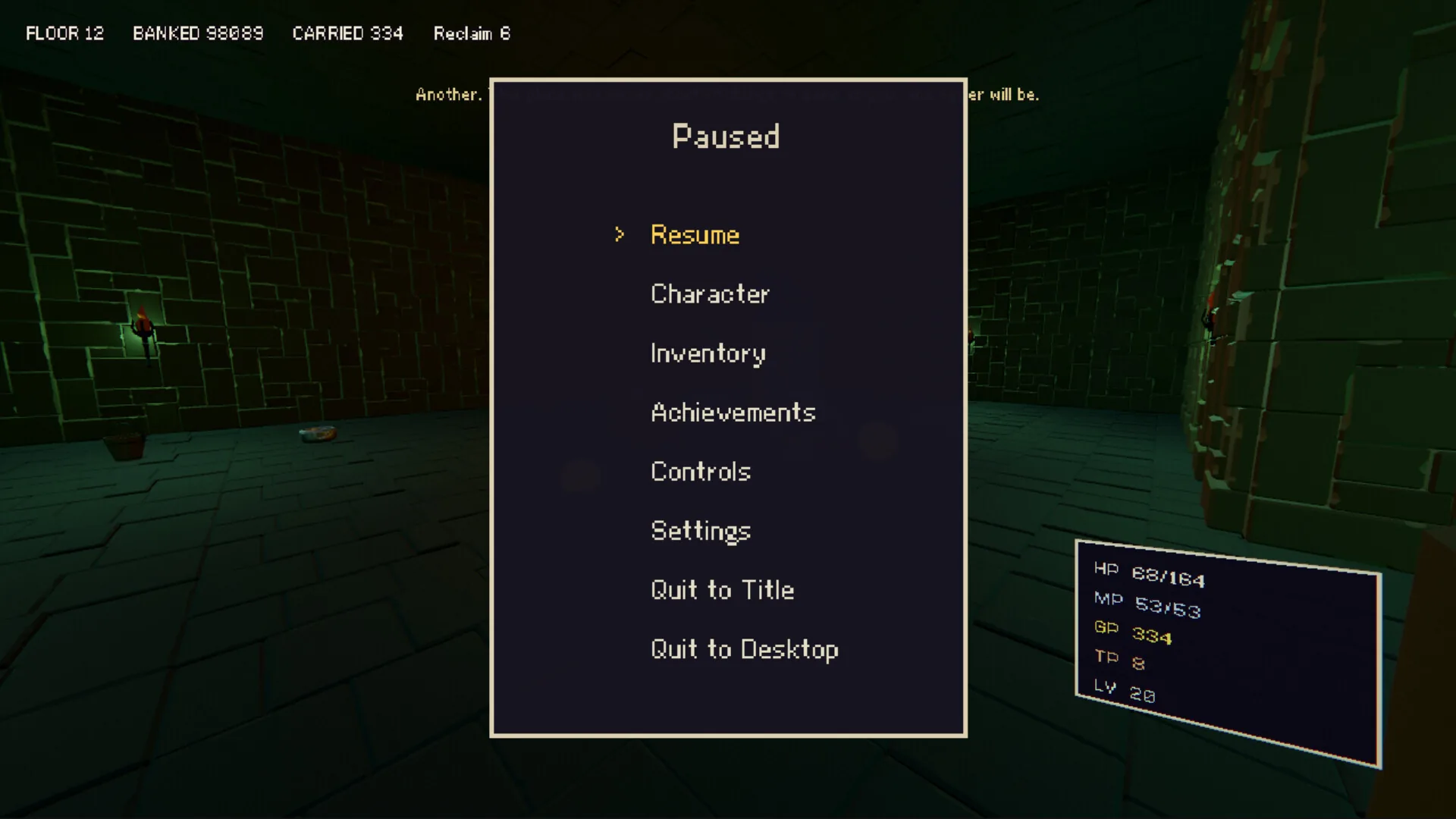 DelveWright pause menu showing Character, Inventory, Achievements, Controls and Settings over a torchlit dungeon room