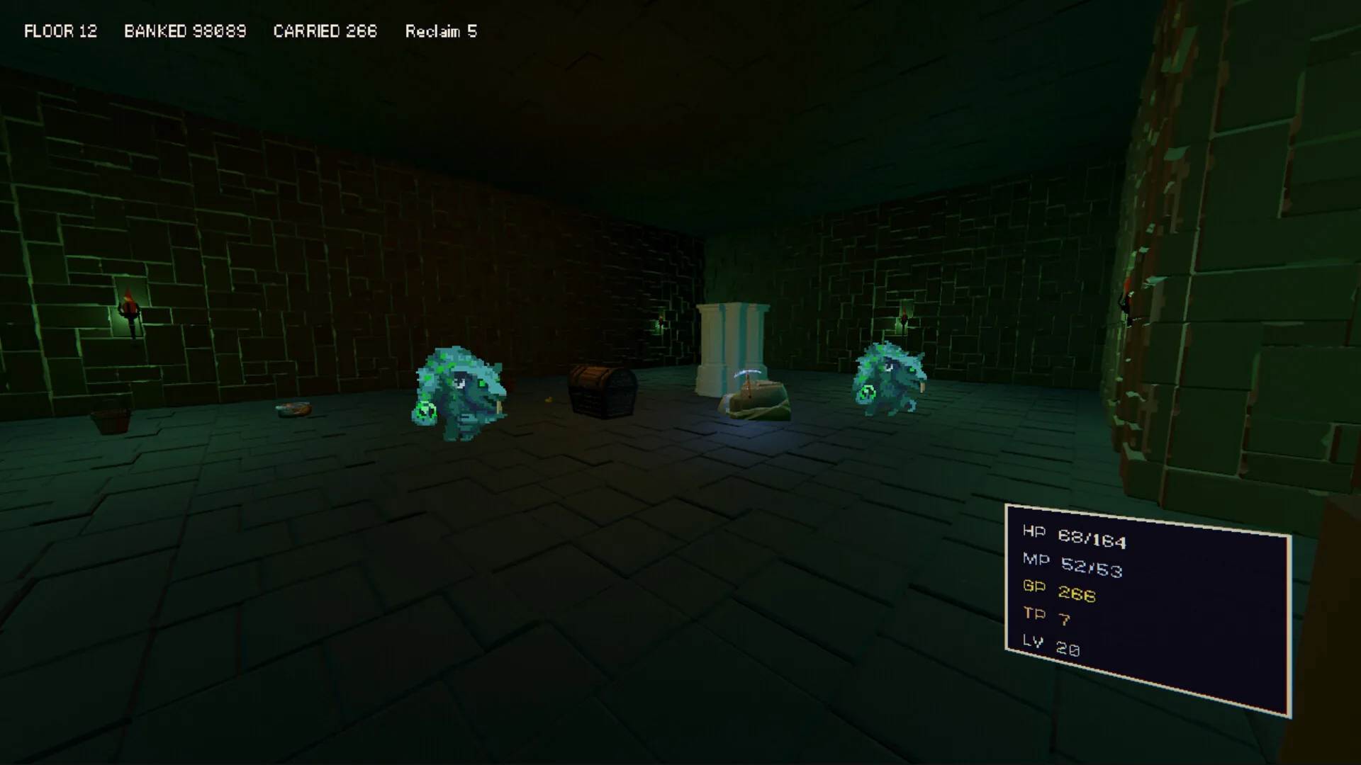 DelveWright gameplay: two mossy beasts flanking a treasure chest and a stone pedestal in a torchlit chamber of The Below