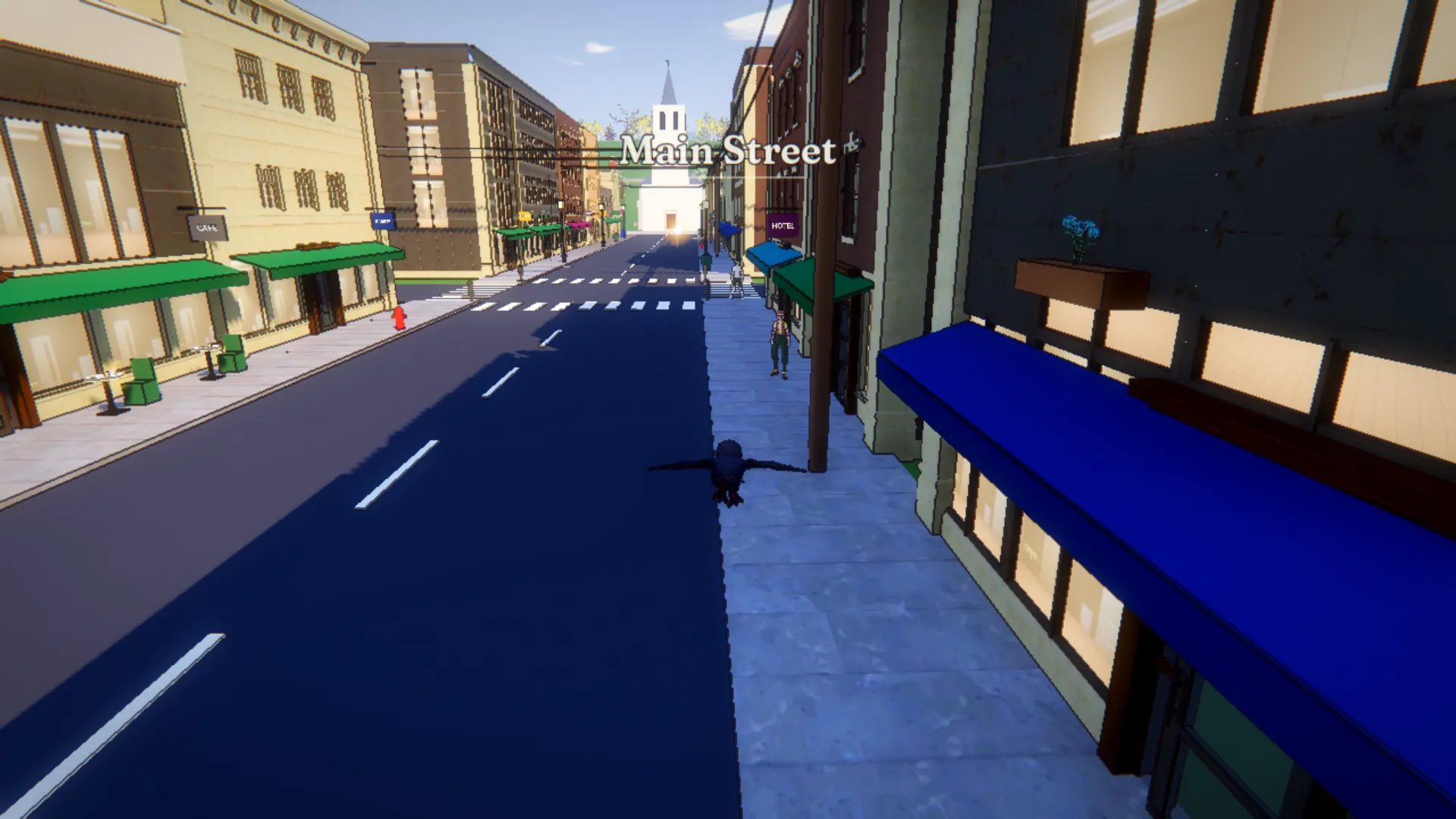 Every Shiny Thing gameplay: the crow flies low down Main Street past shopfronts and awnings, the white church at the far end of the street