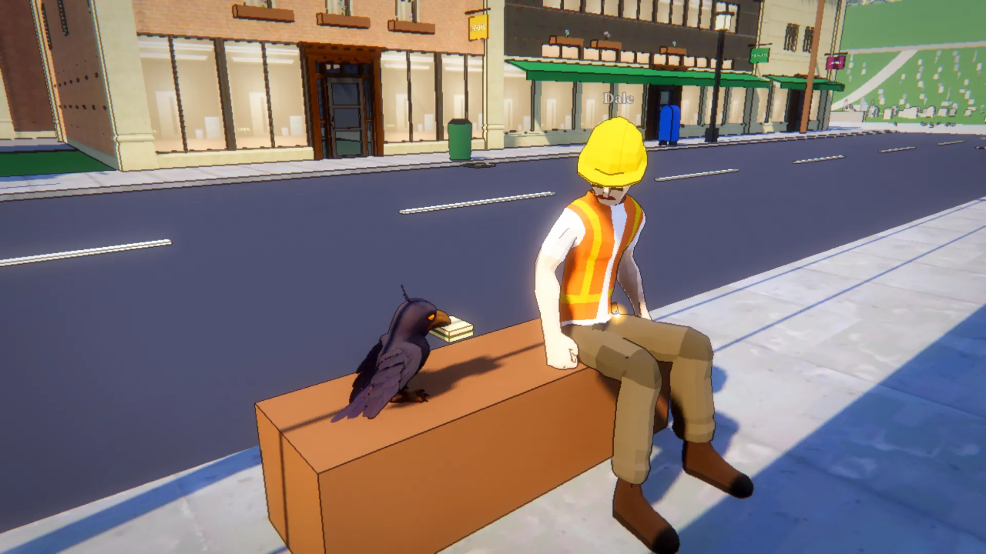 Every Shiny Thing gameplay: the crow on a bench beside Dale, a builder in a yellow hard hat, with his sandwich in its beak