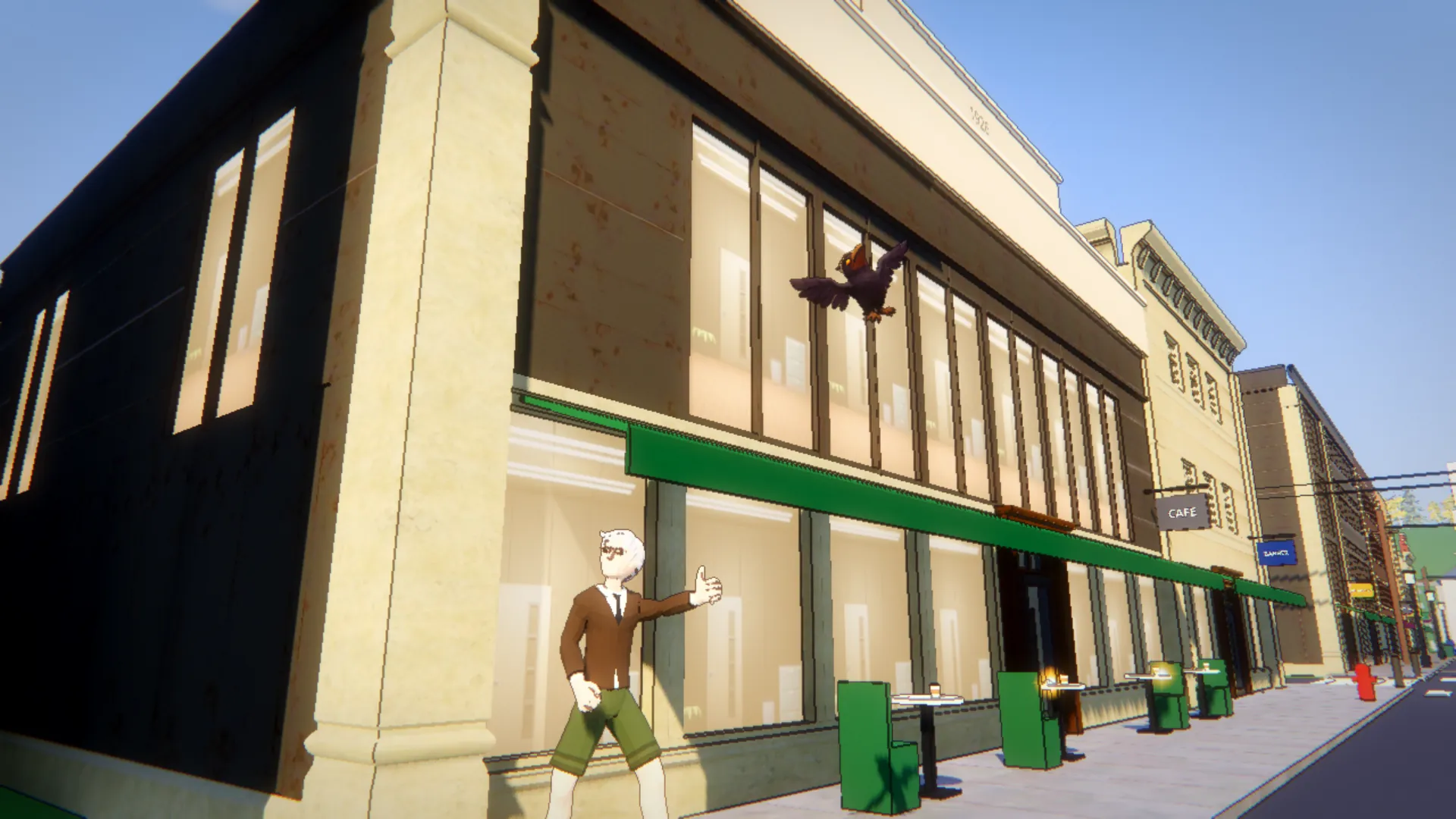 Every Shiny Thing gameplay: the crow flies off along the café's green awning while an old man in a brown jacket reaches after it