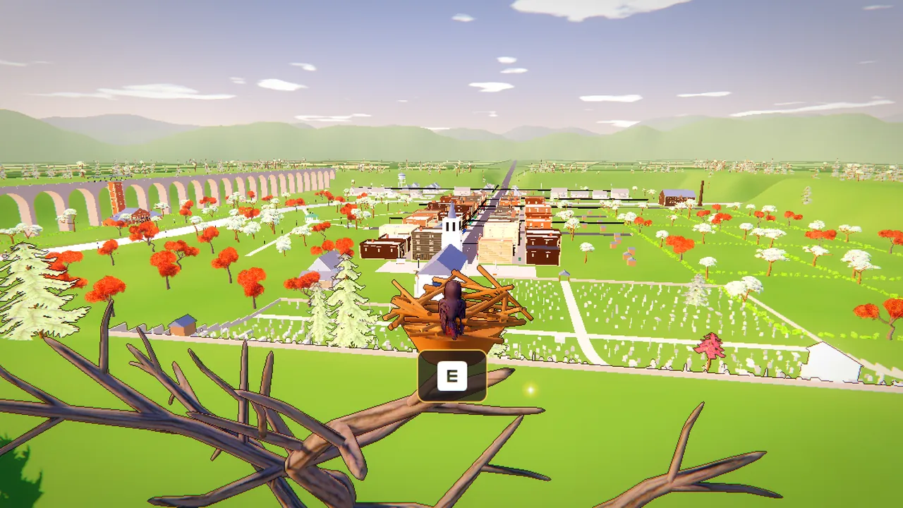 Every Shiny Thing gameplay: the crow sits in its nest of sticks on the ridge, with Ashby Green spread out below, the church, Main Street and the viaduct