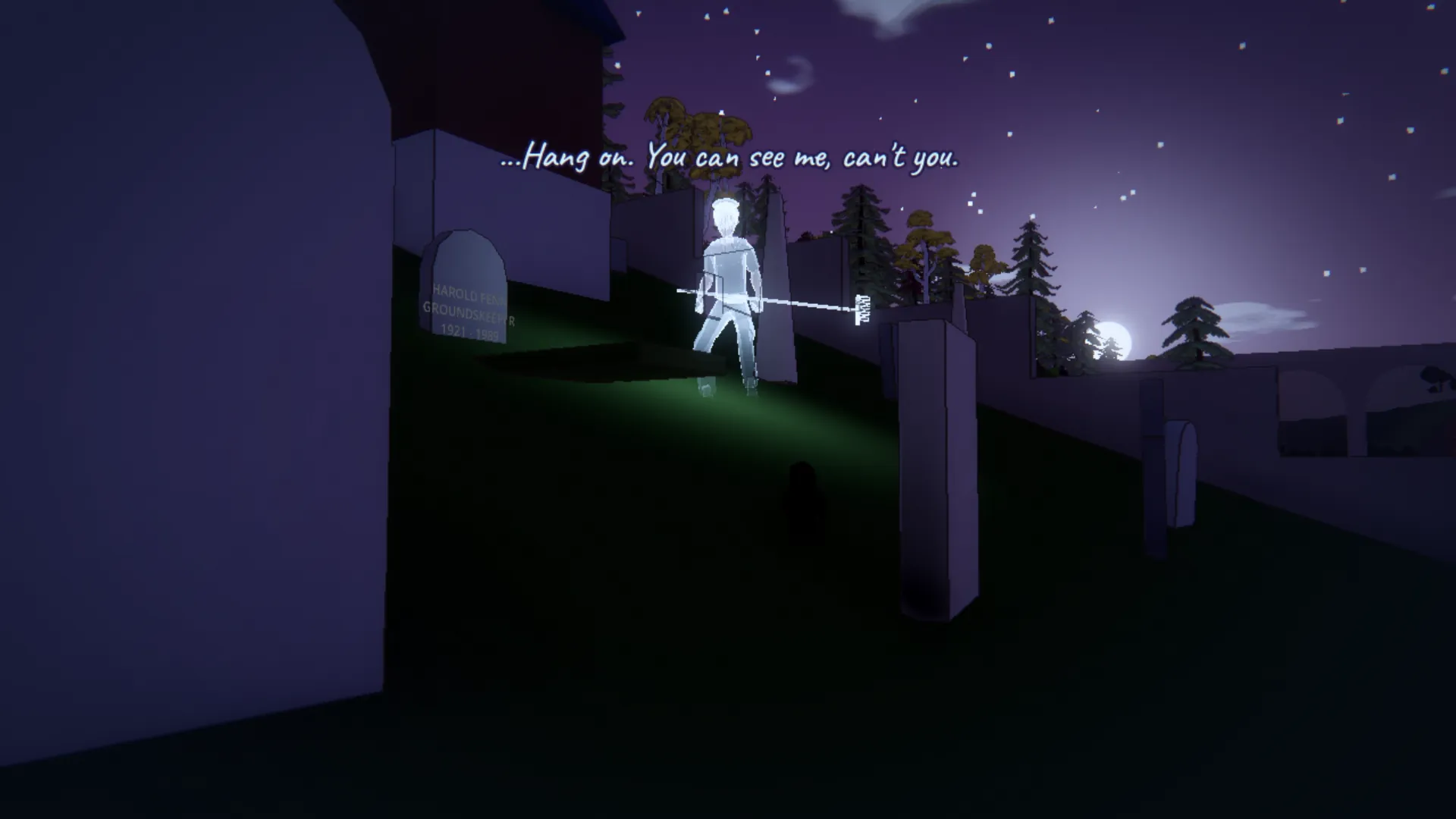 Every Shiny Thing gameplay: a pale ghost with a rake in the cemetery at night, saying "Hang on. You can see me, can't you."