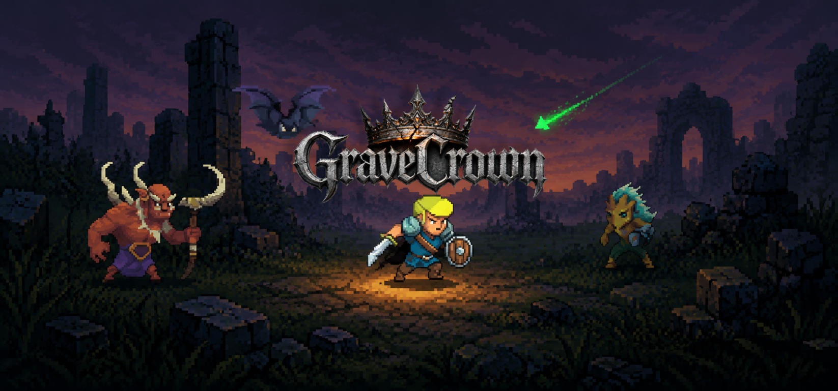 GraveCrown combat — the warrior braces, outnumbered by cursed enemies in the ruins
