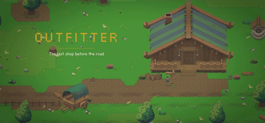 Outfitter key art: the shop at the end of a dirt road, a covered wagon outside, under the Outfitter wordmark