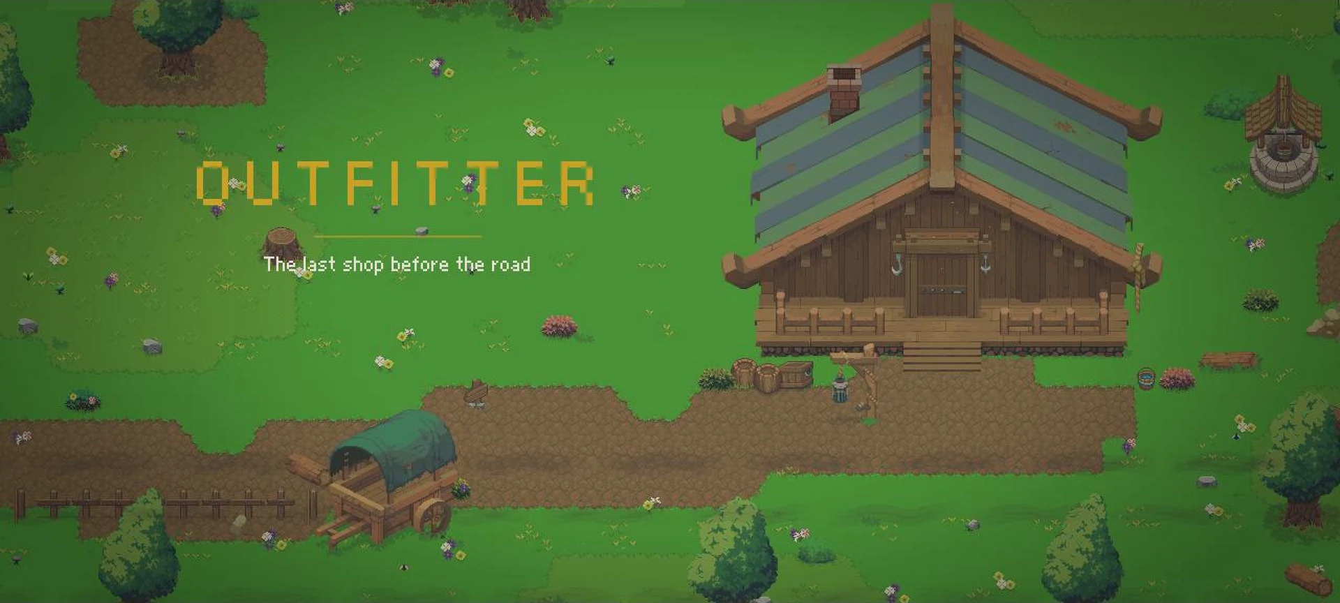 Outfitter key art: the shop at the end of a dirt road, a covered wagon outside, under the Outfitter wordmark