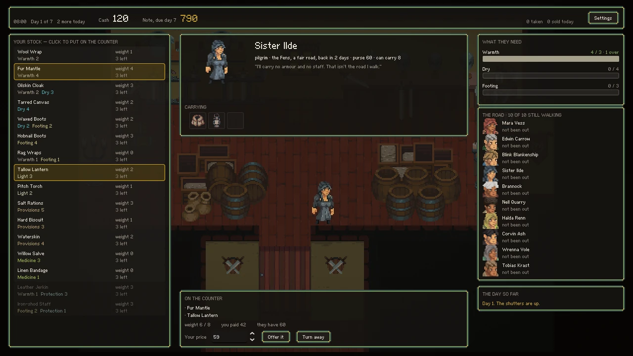 Sister Ilde at the Outfitter counter, with the leather jerkin and iron-shod staff greyed out in the stock list because she refuses to carry armour