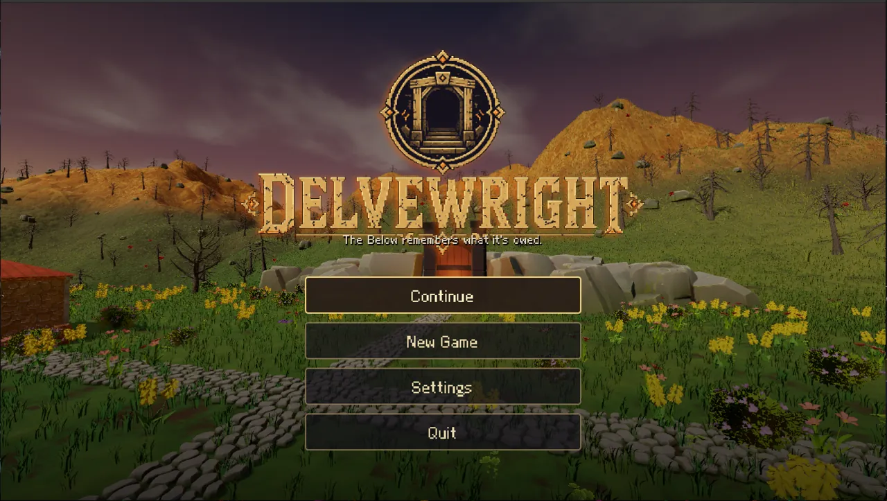 Delvewright: the overworld above The Below, where each dive begins and the rebuilt town waits